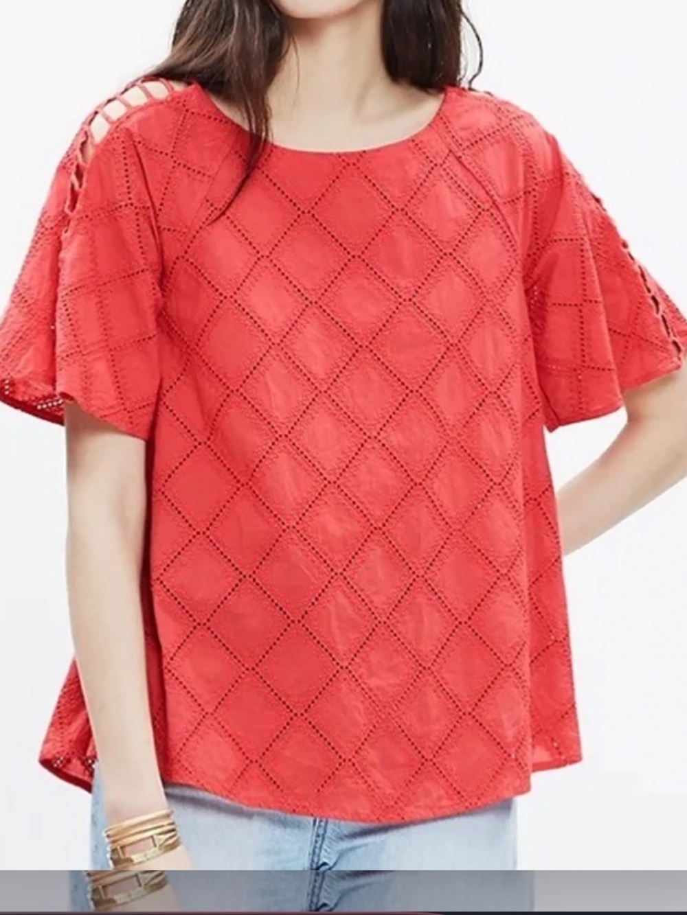 Madewell patterned loose fitting top with cutout sleeve detail